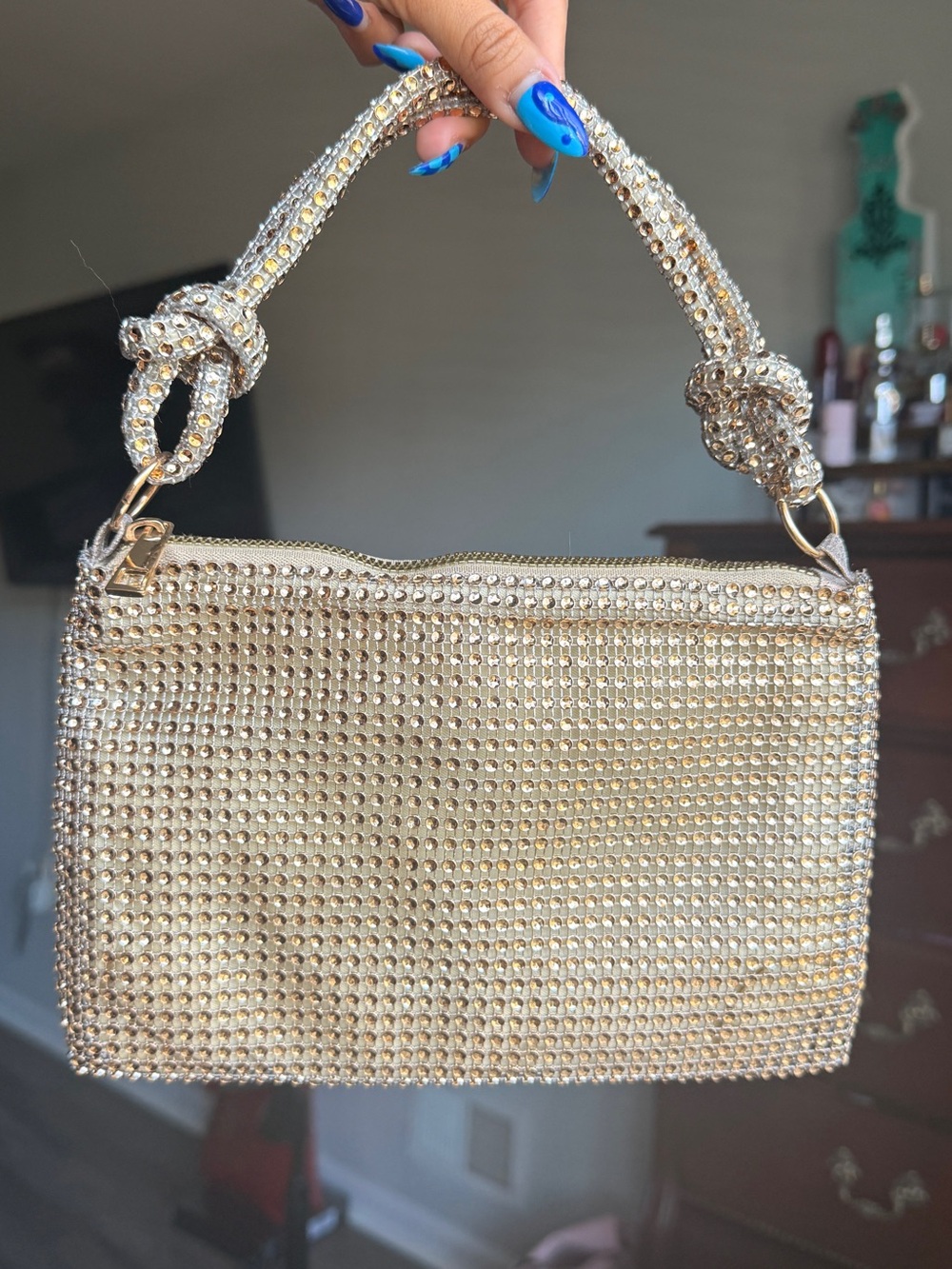 SHEIN Gold Bedazzle Crystal Knotted-Handle Clutch